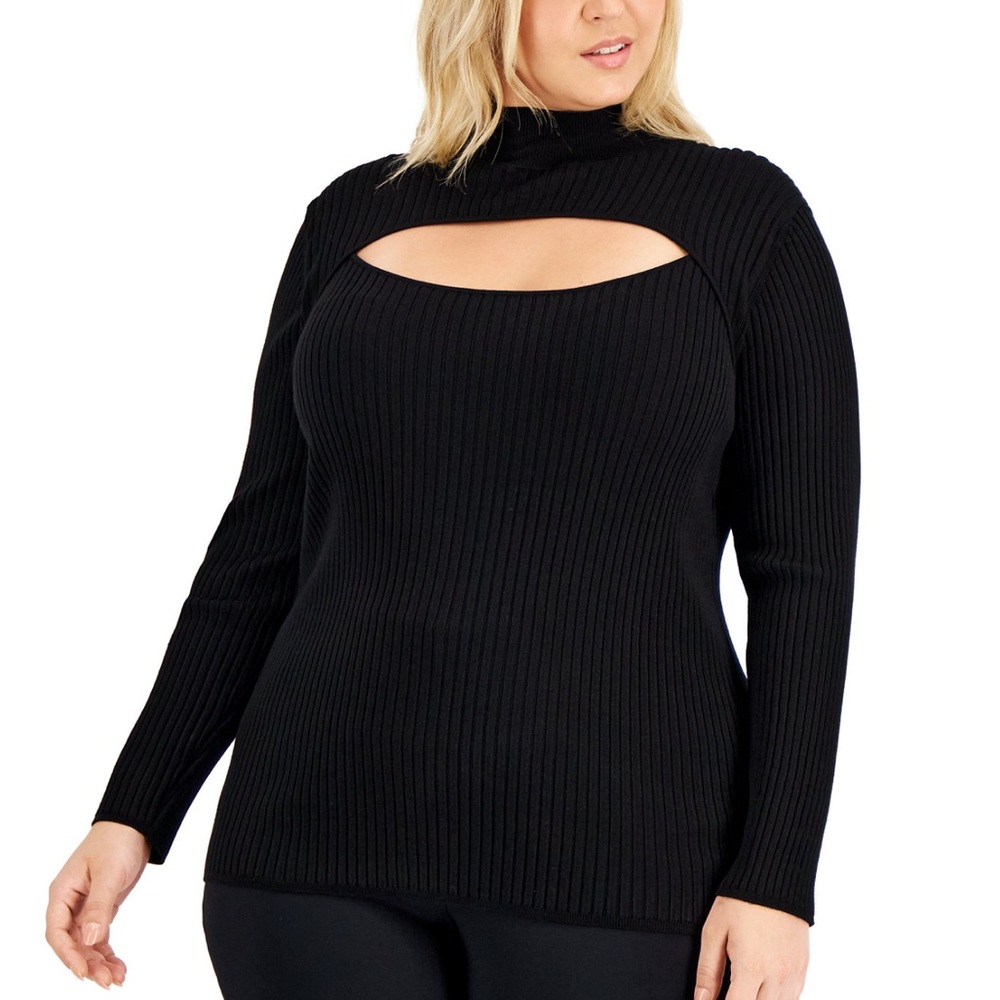 Size 3X Black Anne Klein Ribbed-Knit Mock Neck Cutout Sweater